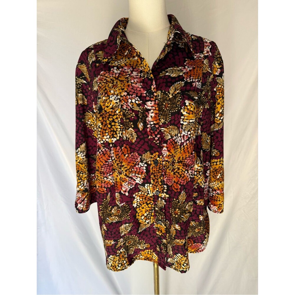 Sarah Bentley Mosaic Floral Print Roll Tab Sleeve Button Up Blouse XL Multicolor